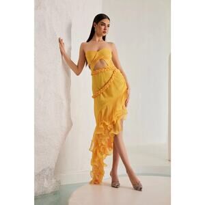NWT Art Of CB Yellow Cut Out Jina Ruffle Dress Strapless Small